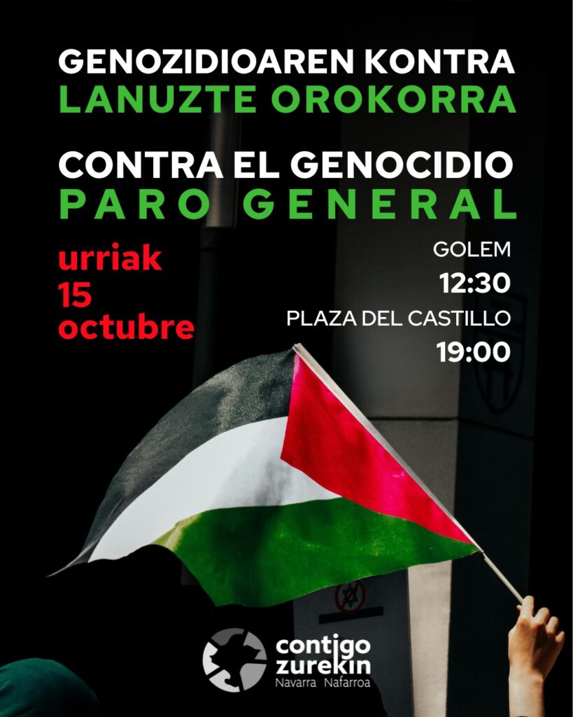 Cartel de las movilizaciones sindicales y sociales del 15 de octubre en apoyo al pueblo palestino, respaldadas por Contigo Zurekin.